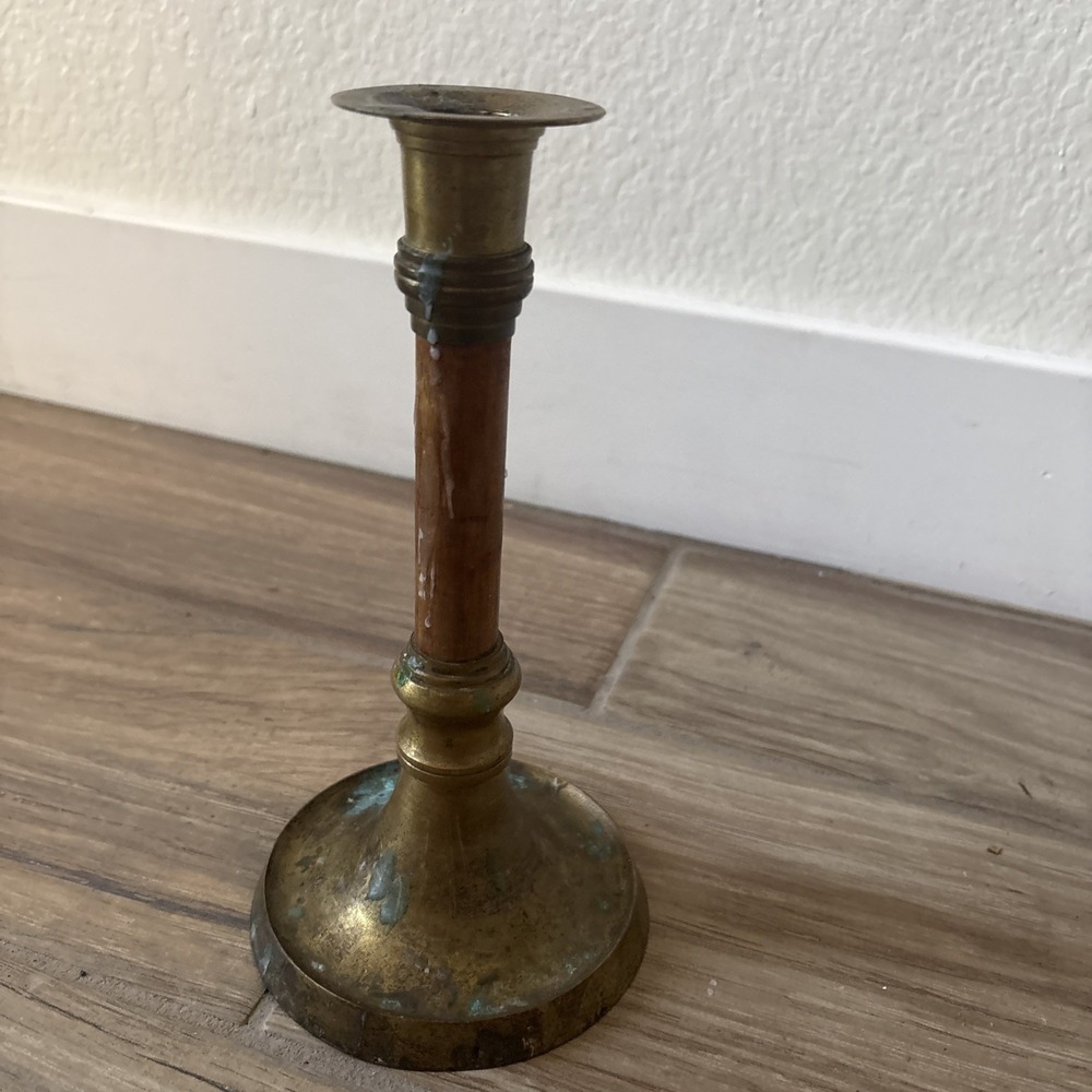 Candlestick Wood and Brass Vintage Candle Holder Taper 9.5" Mid Century Decor